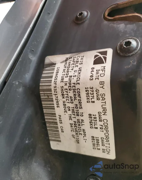 2003 Saturn Ion Level 1 из США, поврежденный, VIN 1G8AG52F93Z172956